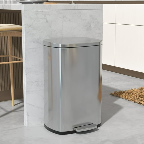 YRLLENSDAN 13 Gallon Kitchen Trash Can with Lid, Bathroom Stainless Steel Trash Can with Foot Pedal and Plastic Inner Bucket Garbage Can Soft Close Dustbin Small Trash Bin for Bedroom Office