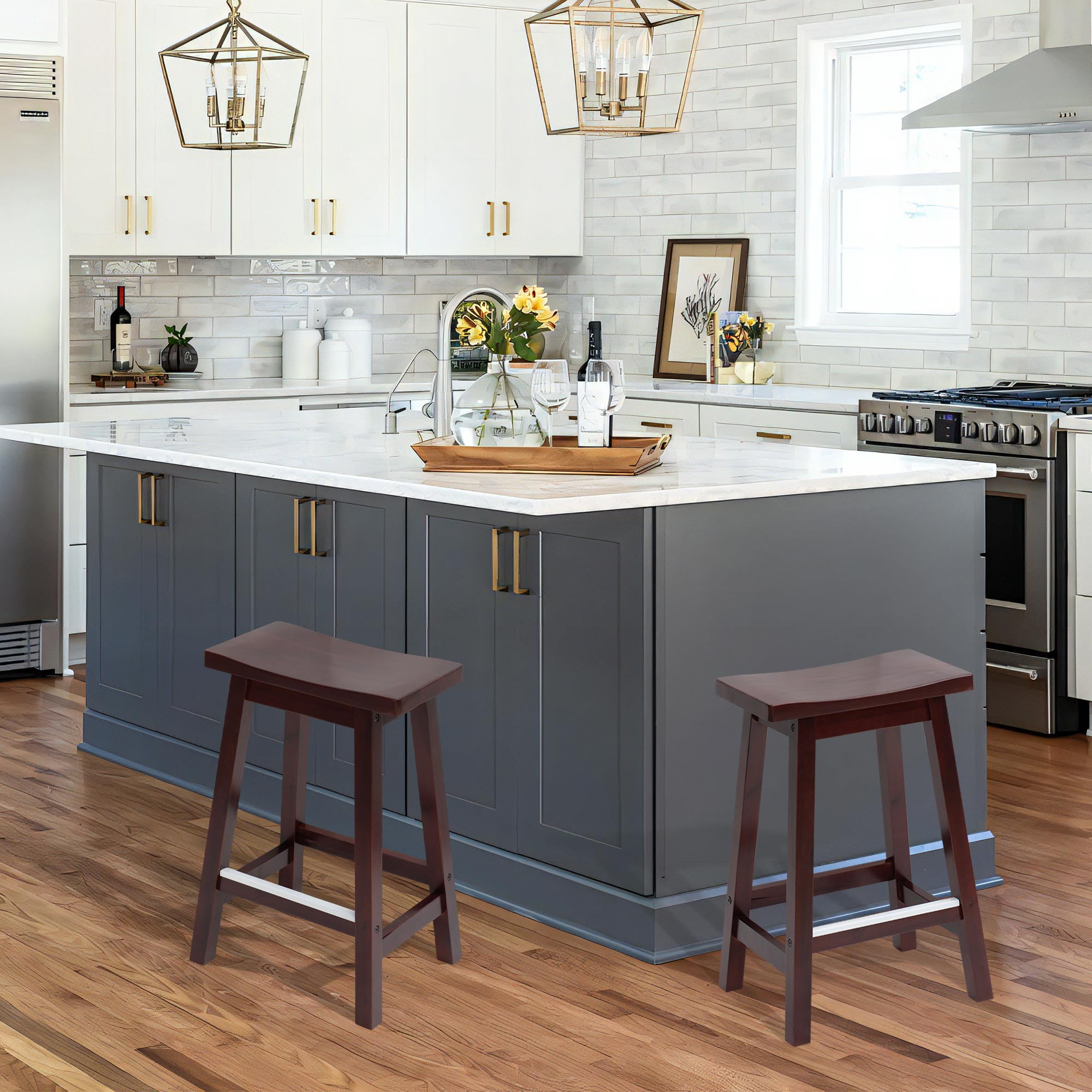 YRLLENSDAN 24in Solid Wooden Bar Stools, Set of 2, Kitchen Island Counter Height, Brown ...