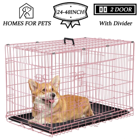 YRLLENSDAN 24 inch Foldable Large Dog Crate for Large Dogs, Metal Wire Dog Cage with Plastic Tray and Handle Double-Door Outdoor Dog Crates and Kennels for Medium Small Dogs, Pink