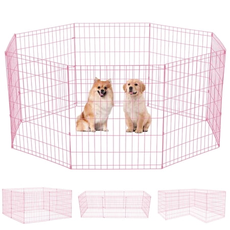 YRLLENSDAN 24in Tall Foldable Dog Playpen Crate Fence Pet Kennel Play Pen Exercise Cage 8 Panel for Backyard Small Dogs, Pink