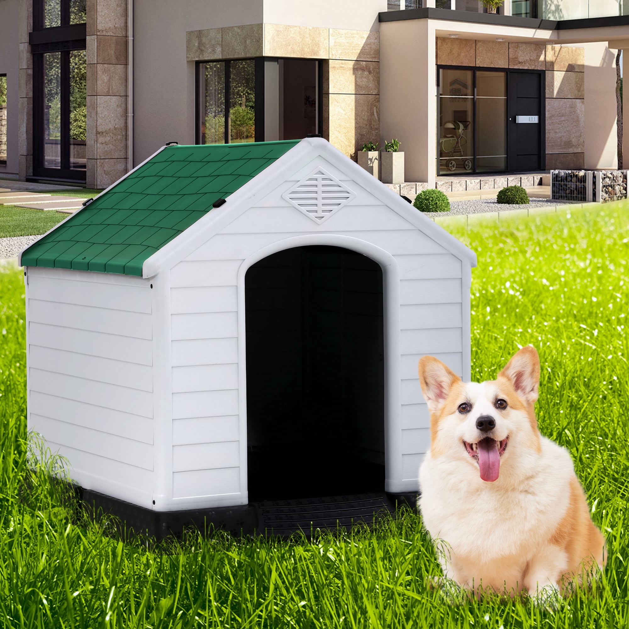 YRLLENSDAN 28" Dog House Outdoor Insulated Dog Houses for Winter Igloo Dog House with Air Vents & Elevated Floor Waterproof Plastic Dog Houses for Small Medium Dogs,Green