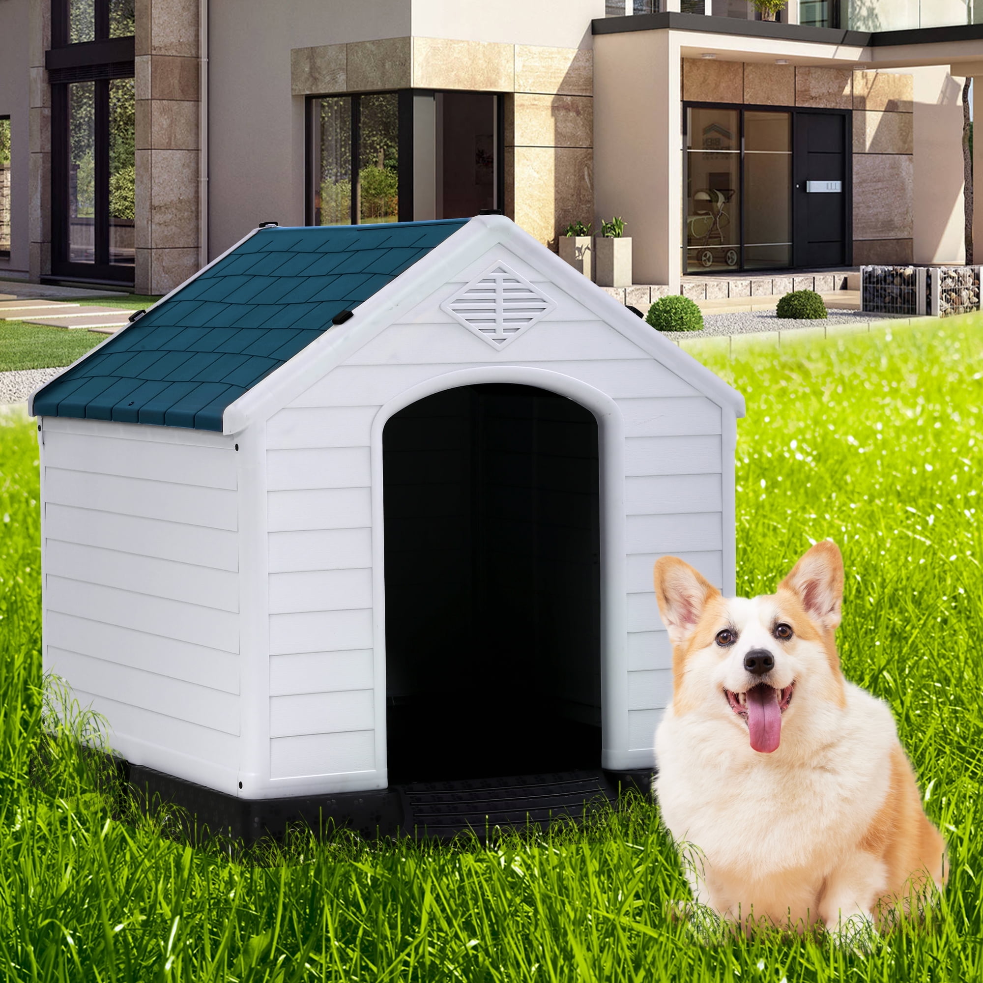 YRLLENSDAN 28" Dog House Outdoor Insulated Dog Houses for Winter Igloo Dog House with Air Vents & Elevated Floor Waterproof Plastic Dog Houses for Small Medium Dogs,Blue