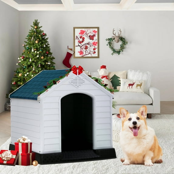 YRLLENSDAN 28in Insulated Dog House Outdoor, Igloo Dog Houses Plastic Dog House for Small Medium Dogs Waterproof with Air Vents & Elevated Floor, Blue