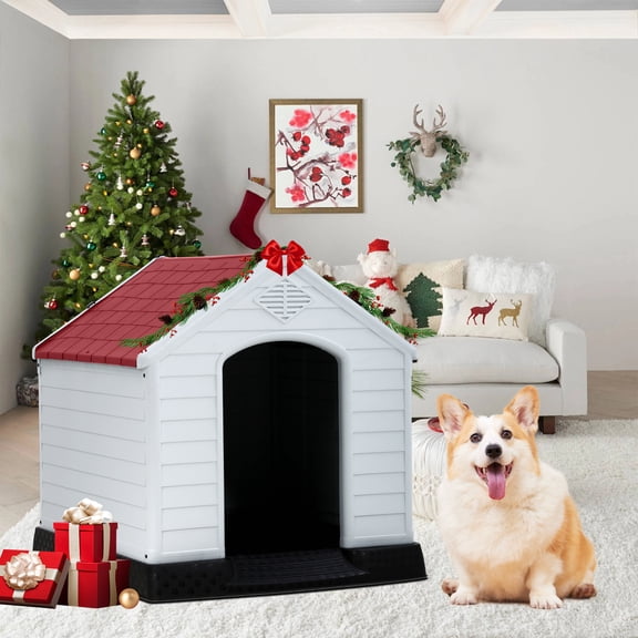 YRLLENSDAN 28in Insulated Dog House Outdoor, Igloo Dog Houses Plastic Dog House for Small Medium Dogs Waterproof with Air Vents & Elevated Floor, Red
