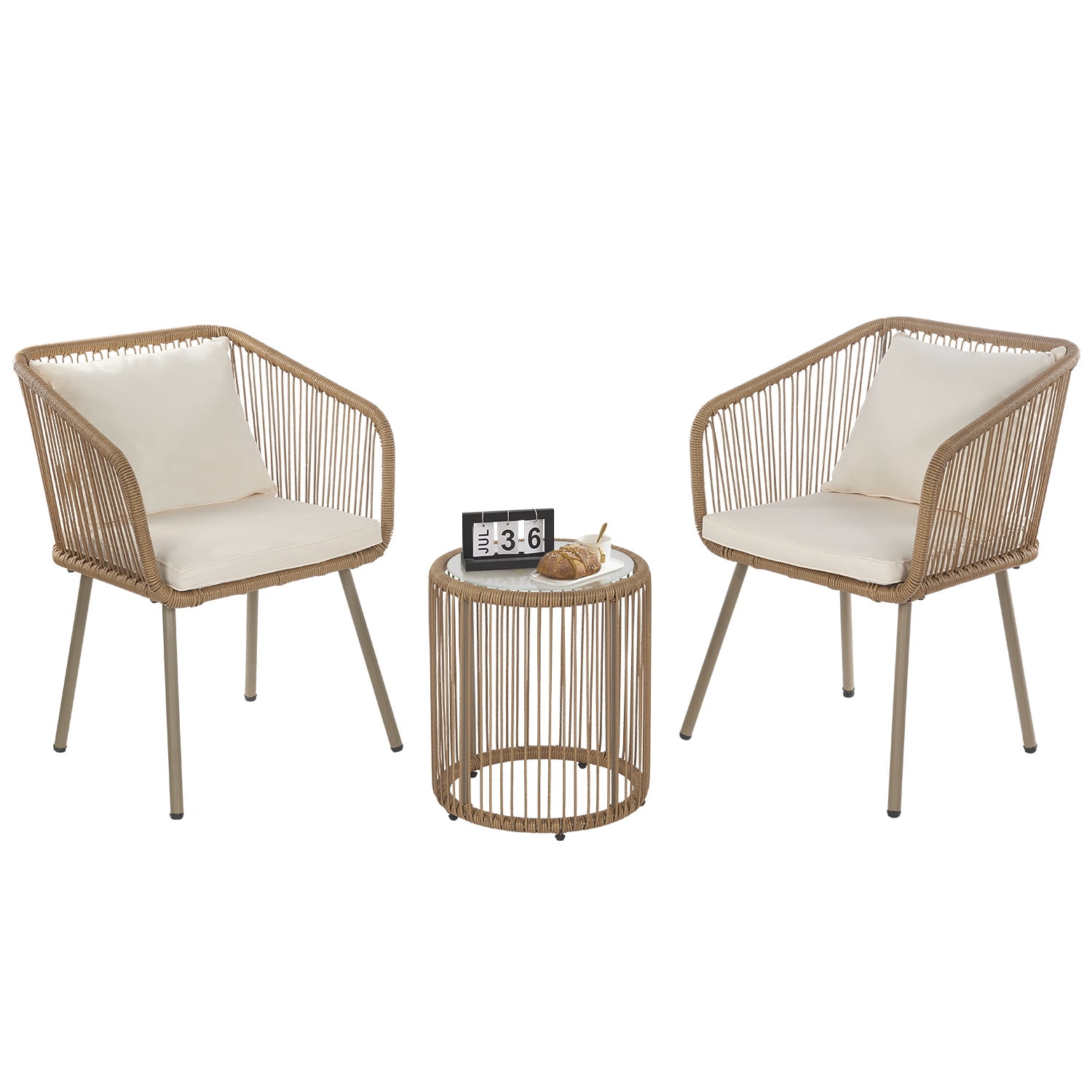 YRLLENSDAN 3 Piece Patio Bistro Sets, Front Porch Furniture w/ Glass Coffee Table Top 2 Chairs Cushions Lumbar Pillows for Yard Garden Porch Bistro Outdoor Bistro Set Modern Outdoor Furniture