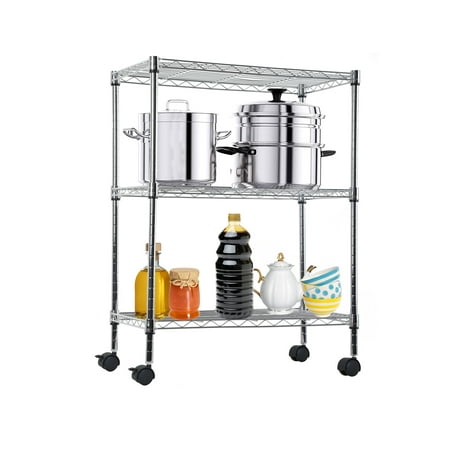 YRLLENSDAN 3-Tier Adjustable Wire Shelving Storage Shelves Heavy Duty Shelving Unit with Wheels for Small Places Kitchen Garage Balcony,Chrome