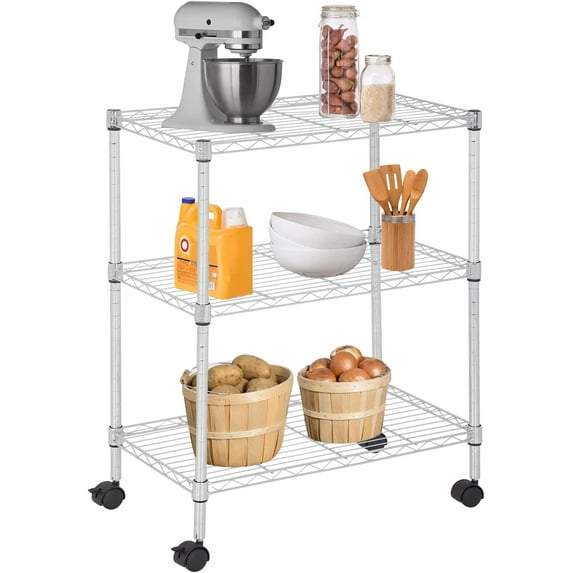 YRLLENSDAN 3 Tier Metal Shelving Units for Home, 450 lbs Capacity Storage Shelves for Kitchen 23" L x 13" W x 32" H Heavy Duty Wire Shelving Rack Garage with Wheels for Pantry Closet Laundry