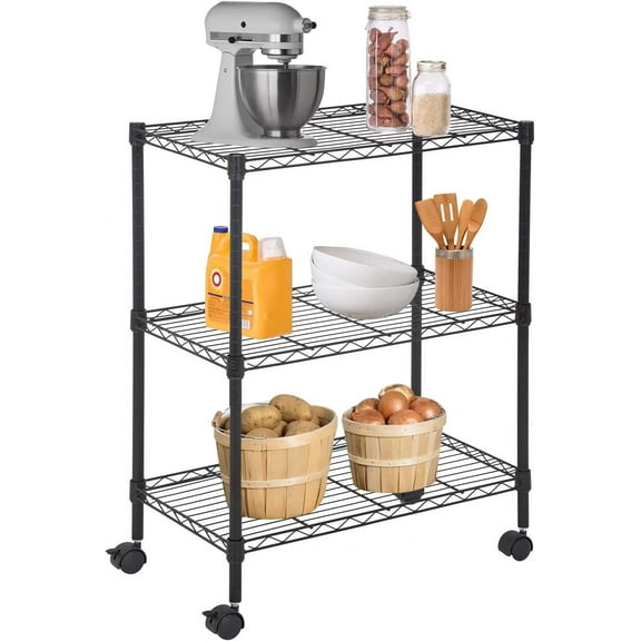 YRLLENSDAN 3 Tier Metal Shelving Units for Home, 450 lbs Capacity Storage Shelves for Kitchen 23" L x 13" W x 32" H Heavy Duty Wire Shelving Rack Garage with Wheels for Pantry Closet Laundry