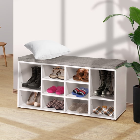 YRLLENSDAN 3 Tier Shoe Benches for Entryway, Small Shoe Bench Storage with Cushion Seat Shoe Cubby Storage with Bench Adjustable Shoe Rack Bench Shoe Organizer Wood Shoe Shelf for Living Room