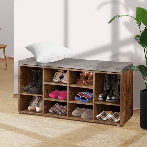 YRLLENSDAN 3 Tier Shoe Benches for Entryway, Small Shoe Bench Storage with Cushion Seat Shoe Cubby Storage with Bench Adjustable Shoe Rack Bench Shoe Organizer Wood Shoe Shelf for Living Room