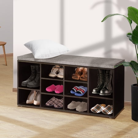 YRLLENSDAN 3 Tier Shoe Benches for Entryway, Small Shoe Bench Storage with Cushion Seat Shoe Cubby Storage with Bench Adjustable Shoe Rack Bench Shoe Organizer Wood Shoe Shelf for Living Room