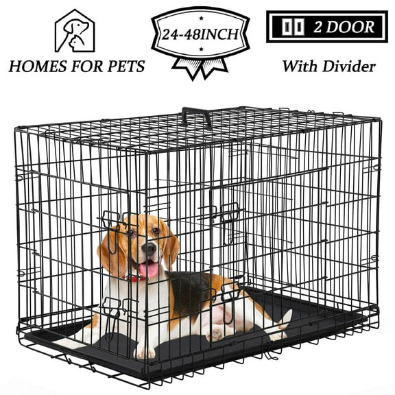 YRLLENSDAN 30 inch Foldable Large Dog Crate for Large Dogs, Metal Wire Dog Cage with Plastic Tray and Handle Double-Door Outdoor Dog Crates and Kennels for Medium Small Dogs, Black