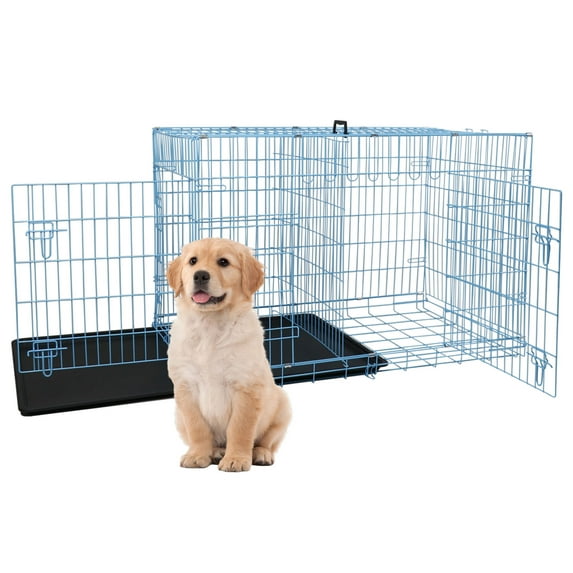 YRLLENSDAN 30in Dog Crates for Medium Dogs, Dog Kennel Indoor Dog Cage Metal Dog Crate with Divider & Double-Door Dog Kennels Foldable Dog Crate, Blue