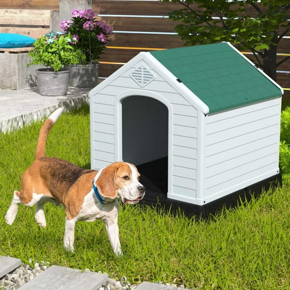 YRLLENSDAN 32 Inch Insulated Dog House Outdoor Weatherproof, Plastic Animal Shelter for Dogs, Cats, Rabbits & Chickens, Dog Shelters for Outside with Elevated Floor, Air Vents, Water-Resistant, Green