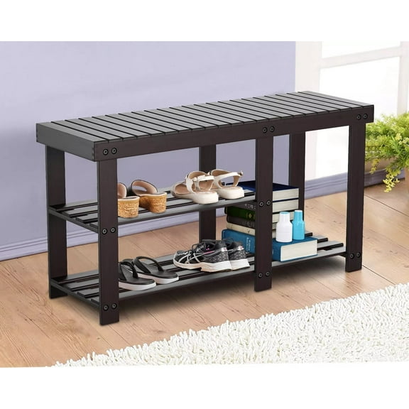 YRLLENSDAN 33inch 3-Tier Bamboo Shoe Bench Storage, Wood Shoe Rack Organizer Shoe Rack with Seat Entryway Storage Bench for Living Room Hallway Shoe Shelf