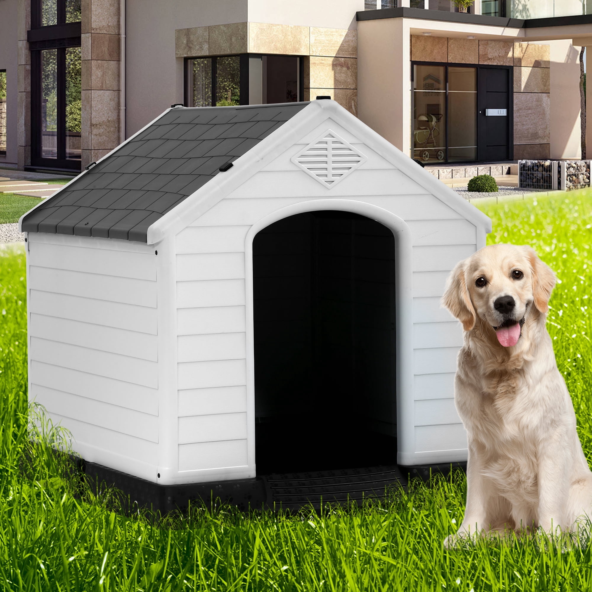 YRLLENSDAN 34" Dog House Outdoor Insulated Dog Houses for Winter Igloo Dog House with Air Vents & Elevated Floor Waterproof Plastic Dog Houses for Small Medium Large Dogs,Grey