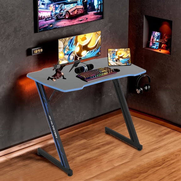 YRLLENSDAN 35 Inch Modern Z-Shaped Computer Desk for Home Office with Headphone Hook Sturdy Workstation Table with Spacious Desktop, Blue