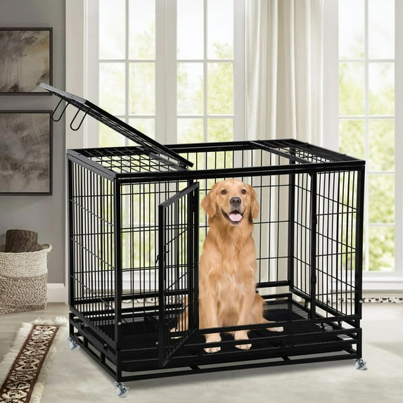 YRLLENSDAN 36/48/42 inch Heavy Duty Large Dog Crate for Large Dogs, Metal Wire Dog Cage with Plastic Tray and Double-Door Outdoor Dog Crates and Kennels for Medium Small Dogs Pet