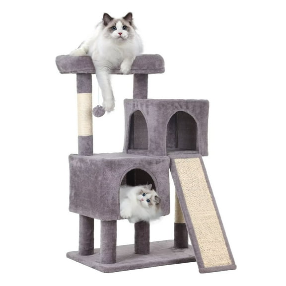 YRLLENSDAN 36 Inchs Small and Short Cat Tree with Two Comfortable Condos, 2 Level Modern Cat Tower with Scratching Post, Cat Condos with Climbing Ladder for Indoor Cats, Ashy
