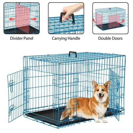 YRLLENSDAN 36 inch Dog Crate, Dog Crates and Kennels for Big Dog Foldable Large Dog Crate for Large Dogs with Handle Double-Door Outdoor Metal Wire Dog Cage with Plastic Tray for Medium Dogs, Blue