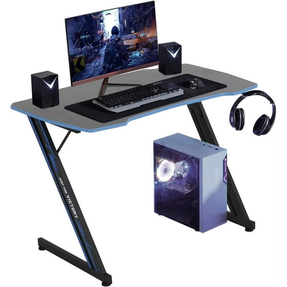 YRLLENSDAN 39.4 In Z Shaped Workstation Gaming Desks, Ergonomic Game Tables for Adults, Computer Desk with Headphone Hook for Home Office, Blue