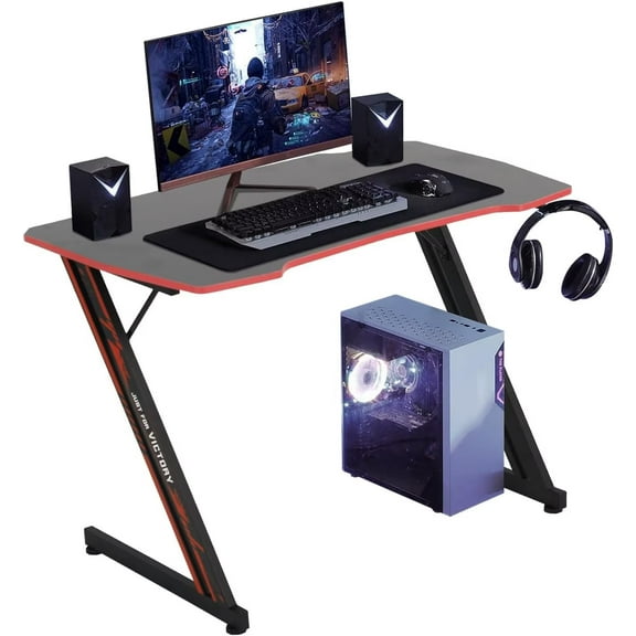 YRLLENSDAN 39.4 In Z Shaped Workstation Gaming Desks, Ergonomic Game Tables for Adults, Computer Desk with Headphone Hook for Home Office, Red