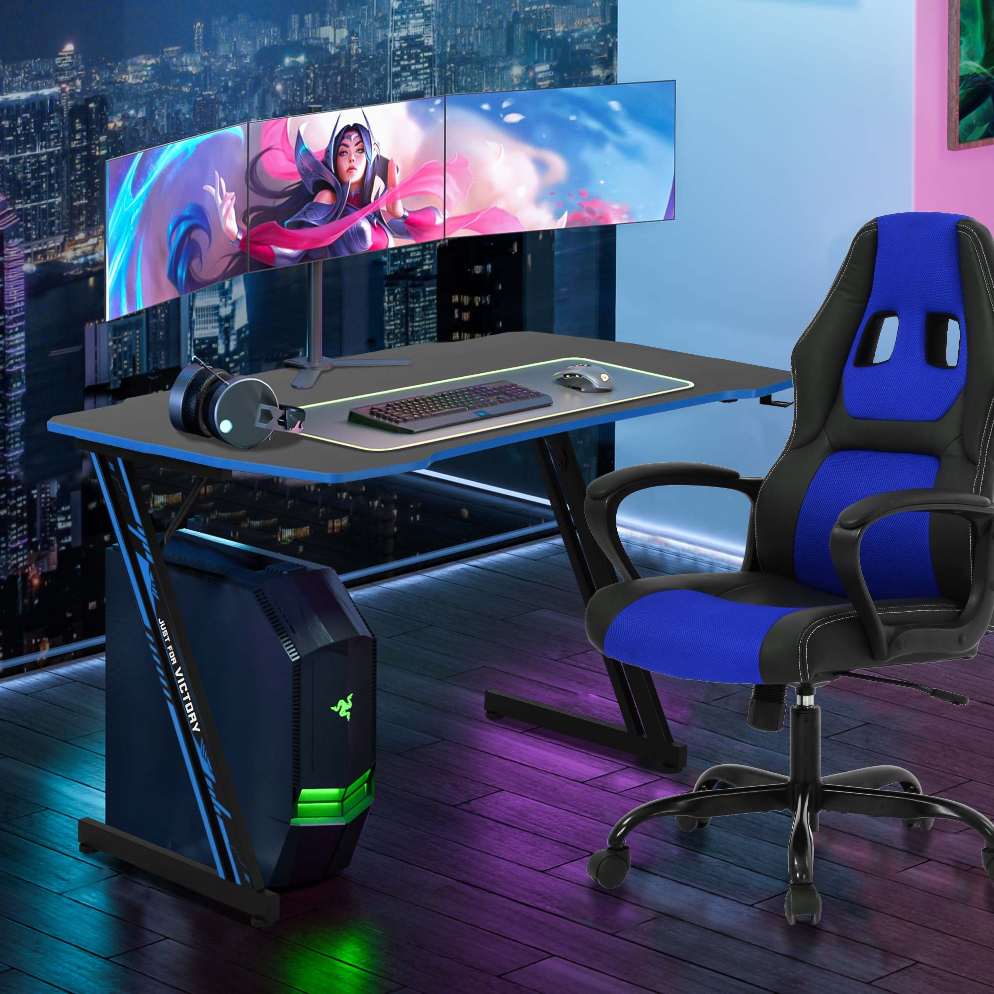 YRLLENSDAN 39 Z Shaped Gaming Desks Gaming Computer Desks PC Desk with Headphone Hook Adjustable Feet Gaming Table Desk for Home Office Blue