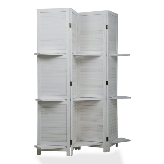 YRLLENSDAN 4 Panel Room Divider Folding Privacy Wooden Screen with Three Clever Shelf Portable Partition Screen Screen Wood for Home Office (White)