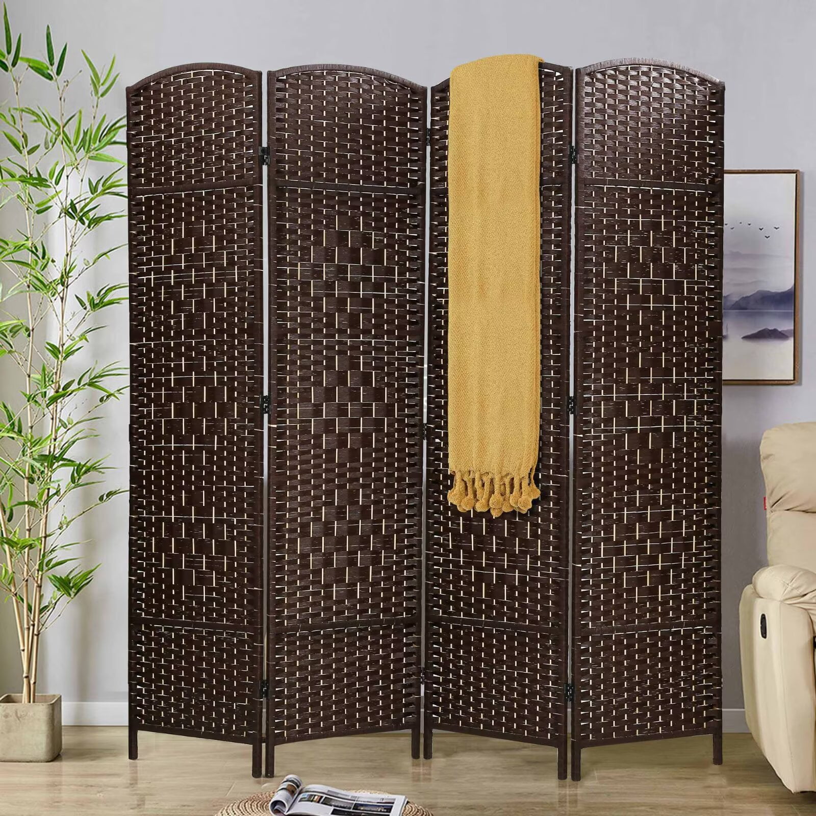 YRLLENSDAN 4 Panel Room Dividers Folding Portable, 6 ft Outdoor Indoor Privacy Screen, Temporary Walls for Home Office Restaurant, Brown