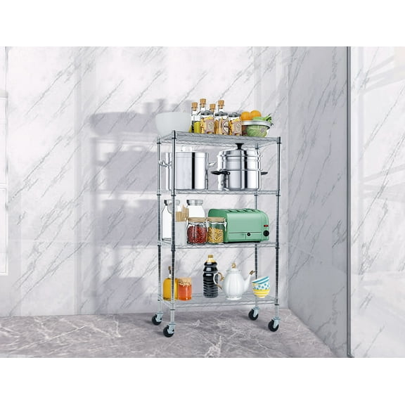 YRLLENSDAN 4-Tier Adjustable NSF-Certified Metal Shelf 36L x 14W x 62H Wire Shelving Unit Storage with Wheel for Small Places Restaurant Garage Pantry Kitchen Garage Rack,Chrome