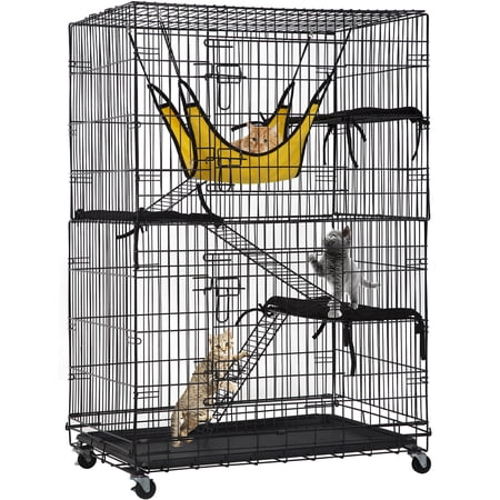 YRLLENSDAN 4-Tier Large Cat Cage, Ferret Chinchilla Cage Playpen Crate Enclosure Kennel Cat Home on Wheels Cat Cages and Playpens Indoor Outdoor 3X Ramp Ladders/1x Hammock