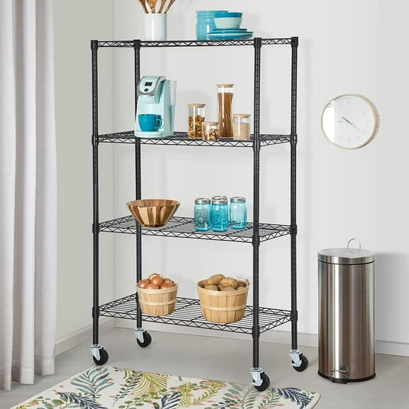 YRLLENSDAN 4 Tier Metal Shelving Units for Home, 1400 lbs Capacity Storage Shelves for Kitchen 35.6"L x 14"W x 61.8"H Heavy Duty Wire Shelving Rack Garage with Wheels for Pantry Closet Laundry