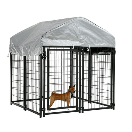 YRLLENSDAN 4 x 4 x 4.4 Ft Dog Kennel Outdoor Dog Pen Playpen House Heavy Duty Dog Crate Metal Galvanized Welded Pet Animal Camping Cage Fence with UV-Resistant Waterproof Cover and Roof