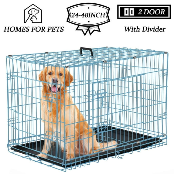 YRLLENSDAN 42 inch Foldable Large Dog Crate for Large Dogs, Metal Wire Dog Cage with Plastic Tray and Handle Double-Door Outdoor Dog Crates and Kennels for Medium Dogs, Blue