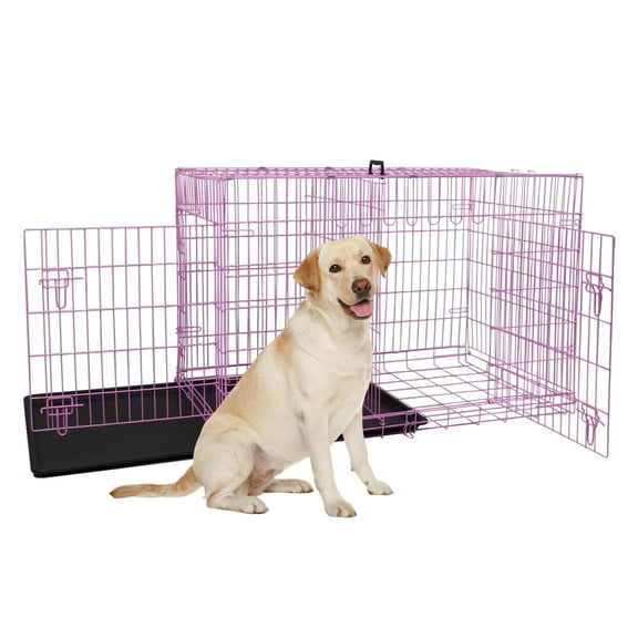 YRLLENSDAN 42inch Dog Crate, Large Dog Kennel Indoor Large Dog Crate Metal Dog Crate with Divider & Double-Door Big Dog Cage Foldable Dog Crate Wire Dog Crate, Pink