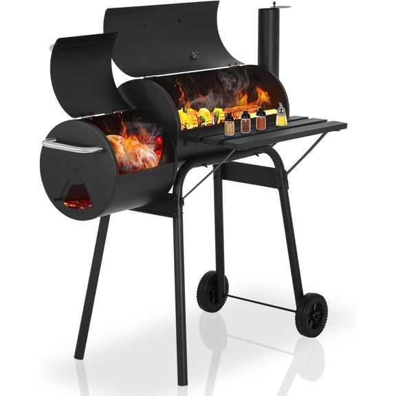 YRLLENSDAN 43"Charcoal Grills with 2 Wheels Portable Charcoal Grill Side Fire Box, Outdoor BBQ Grill for 6-10 People Patio Backyard Camping Picnics, Black