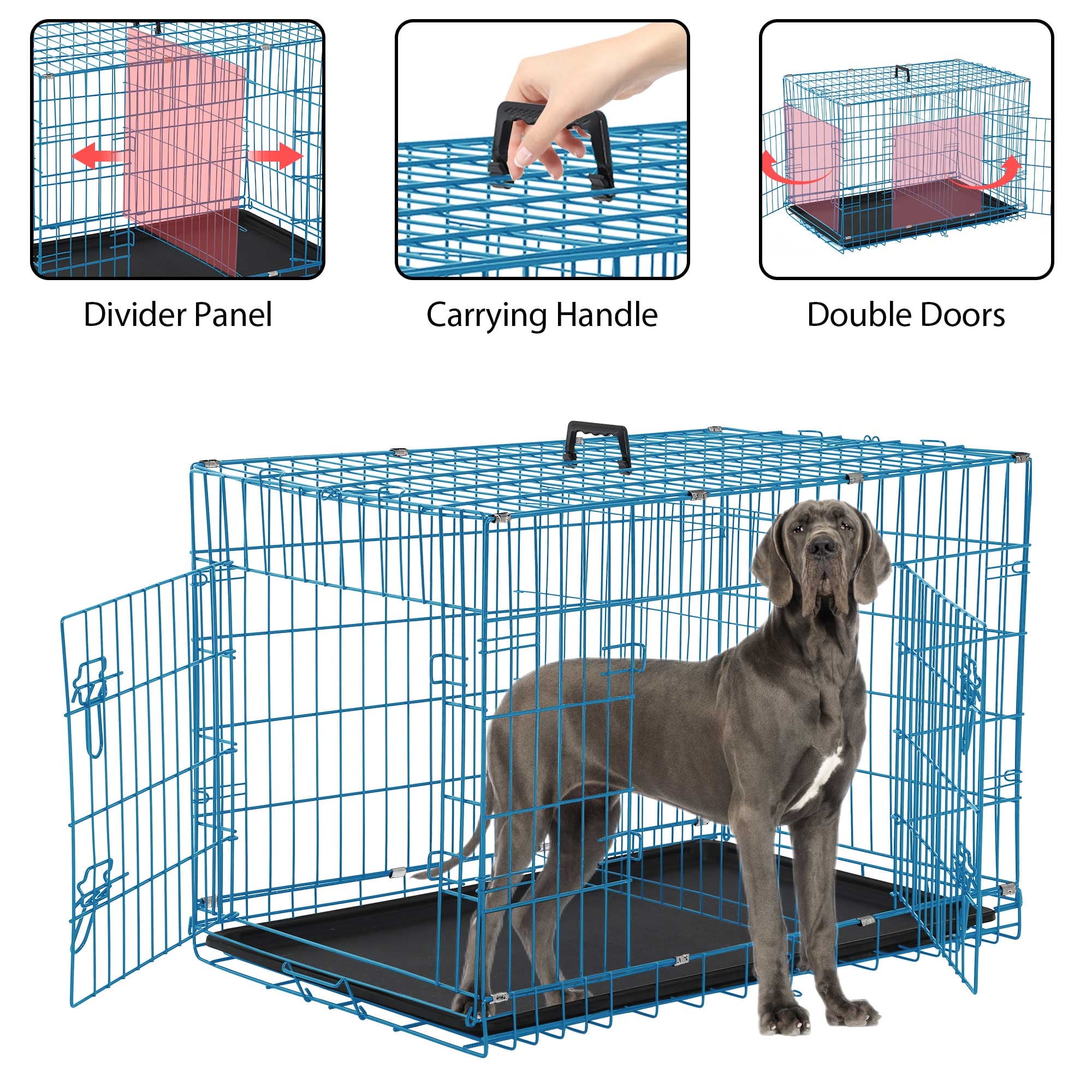 YRLLENSDAN 48 inch Dog Crate, Dog Crates and Kennels Foldable Large Dog Crate for Large Dogs with Handle Double-Door Outdoor Metal Wire Dog Cage with Plastic Tray for Medium Dogs, Blue