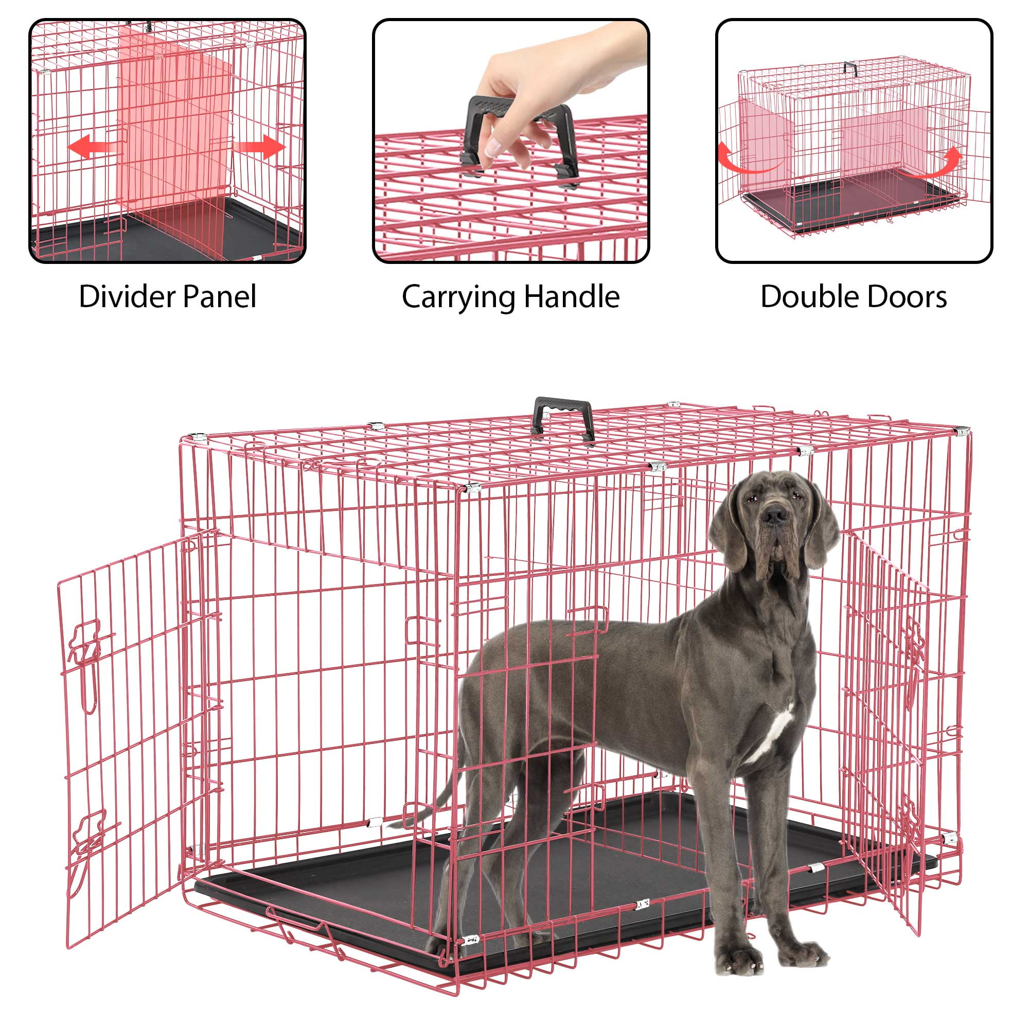 YRLLENSDAN 48 inch Dog Crate, Dog Crates and Kennels for Big Dog Foldable Large Dog Crate for Large Dogs with Handle Double-Door Outdoor Metal Wire Dog Cage with Plastic Tray for Medium Dogs, Pink