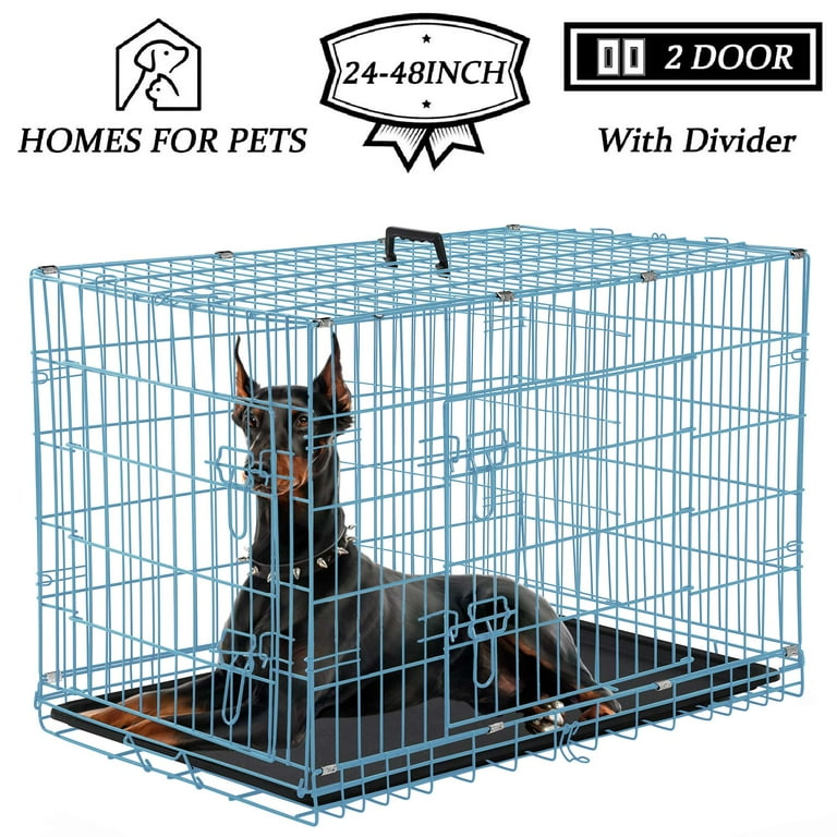 YRLLENSDAN 48 inch Heavy Duty Foldable Dog Crate Removable Tray Double Door Metal Wire Cage for Large Pets Blue Walmart
