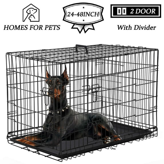YRLLENSDAN 48 inch Foldable Large Dog Crate for Large Dogs, Metal Wire Dog Cage with Plastic Tray and Handle Double-Door Outdoor Dog Crates and Kennels for Medium dogs, Black