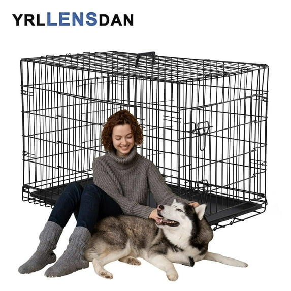 YRLLENSDAN 48 inch XXL Dog Crate Large Dog Crate for Large Dog Foldable Dog Crate with Divider Metal Dog Crate XXL Large Dog Kennel Indoor Large Dog Cage, Black