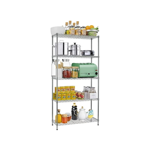 YRLLENSDAN 5 Tier Garage Shelving, Adjustable Metal Shelving, 1250 LBS Standing Kitchen Shelves, 72"x24"x18", Chrome