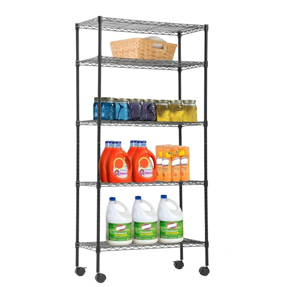 YRLLENSDAN 5 Tier Metal Shelving Garage Shelving with Wheels 1100LBS Capacity Storage Rack Shelf Wire Rack Shelving Metal Storage Shelves for Kitchen Pantry Garage, Black