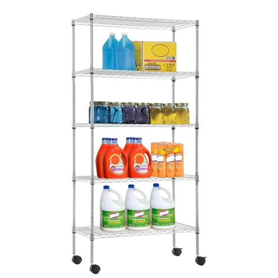YRLLENSDAN 5 Tier Metal Shelving Garage Shelving with Wheels 1100LBS Capacity Storage Rack Shelf Wire Rack Shelving Metal Storage Shelves for Kitchen Pantry Garage, Chrome