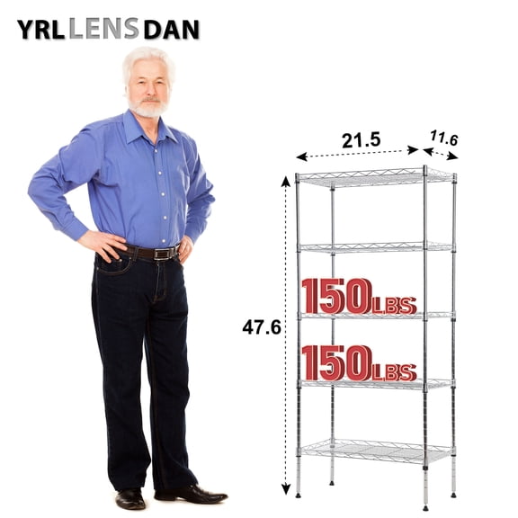 YRLLENSDAN 5 Tier Shelving Unit 21Lx12WHeight-Adjustable Metal Storage Shelves NSF-Certified Rust-resistant Wire Shelving Rack Kitchen Tool Utility Shelves 5 Shelf Storage Rack,Silver