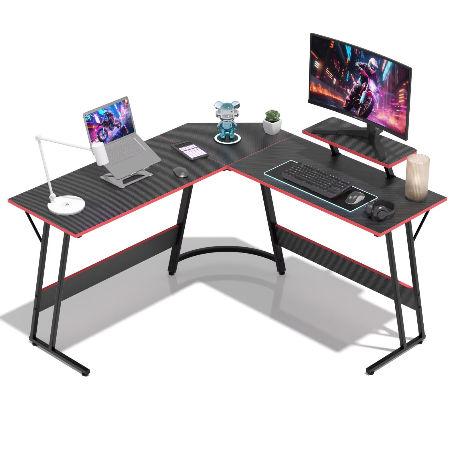 YRLLENSDAN 50 Inch L shaped Corner Gaming Desk, Adjustable Computer Desk with Large Desktop, Home Office Desk with Monitor Stand, for Home and Work Place, Black