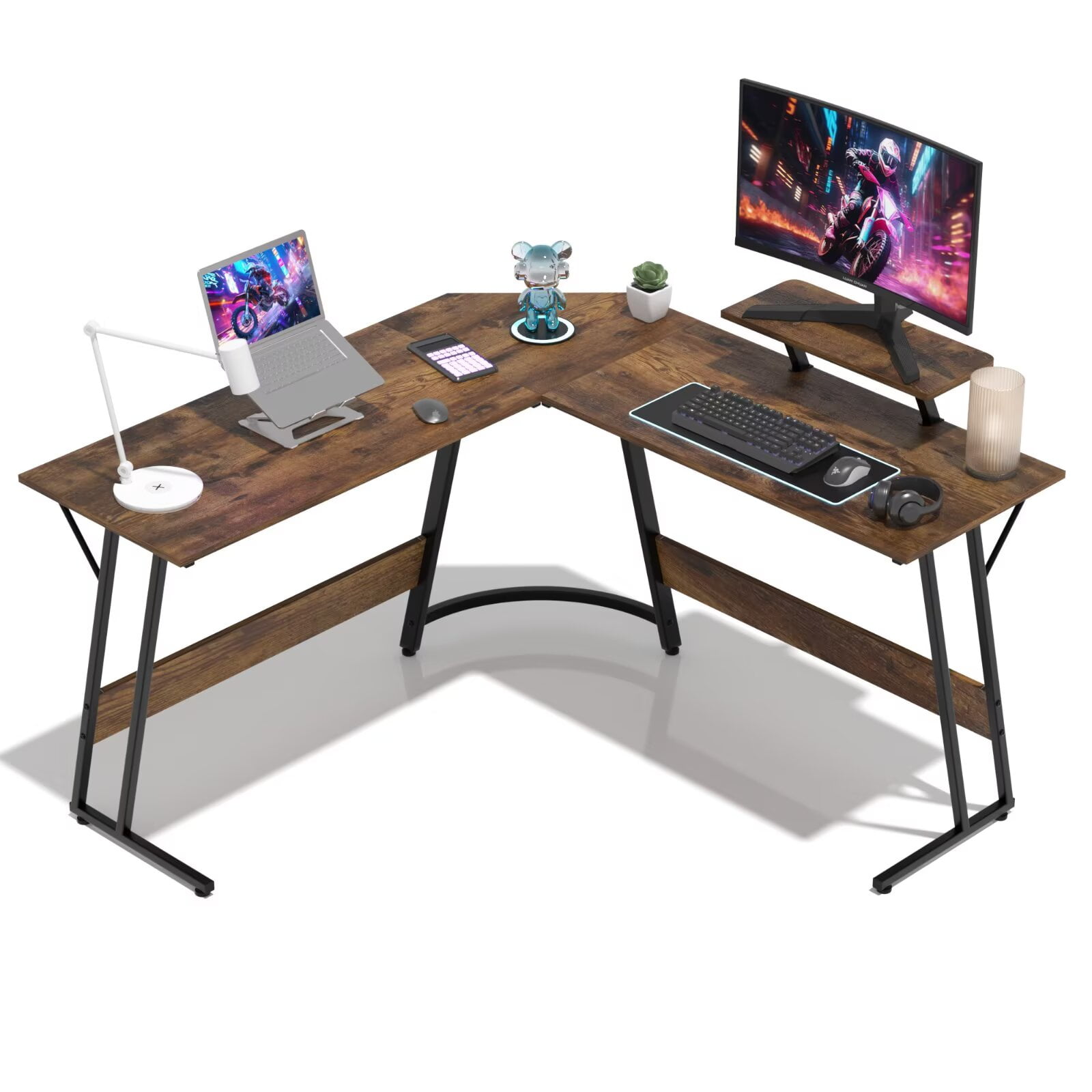 YRLLENSDAN 50 Inch L shaped Corner Gaming Desk, Adjustable Computer Desk with Large Desktop, Home Office Desk with Monitor Stand, for Home and Work Place, Brown