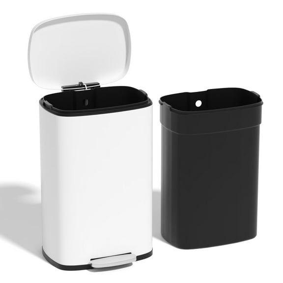 YRLLENSDAN 50 Liter/13 Gallon Stainless Steel Trash Can, Garbage Can with Lid and Removable Inner Bucket, Fingerprint Proof Trash Bin for Bathroom Kitchen Bedroom Office, White