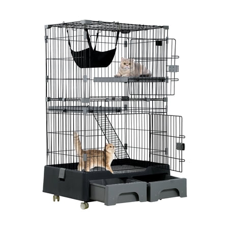 YRLLENSDAN 52" Cat Cage Playpen Kennel Crate Cat House Cat Litter Box and Storage Case in One Pet Enclosure with 2 Front Doors 2 Ramp Ladders 2 Resting Platforms Beds Tray Hammock Cage for Cats