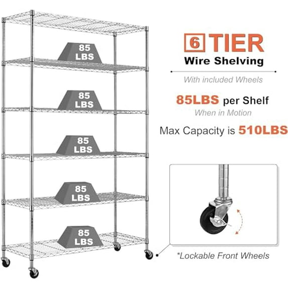 YRLLENSDAN 6-Tier Steel Storage 2100Lbs Capacity Wire Shelving W/Wheels Heavy Duty Metal Shelves Adjustable Steel Shelving Shelving Rack for Kitchens garages,18"x48"x82", Chrome